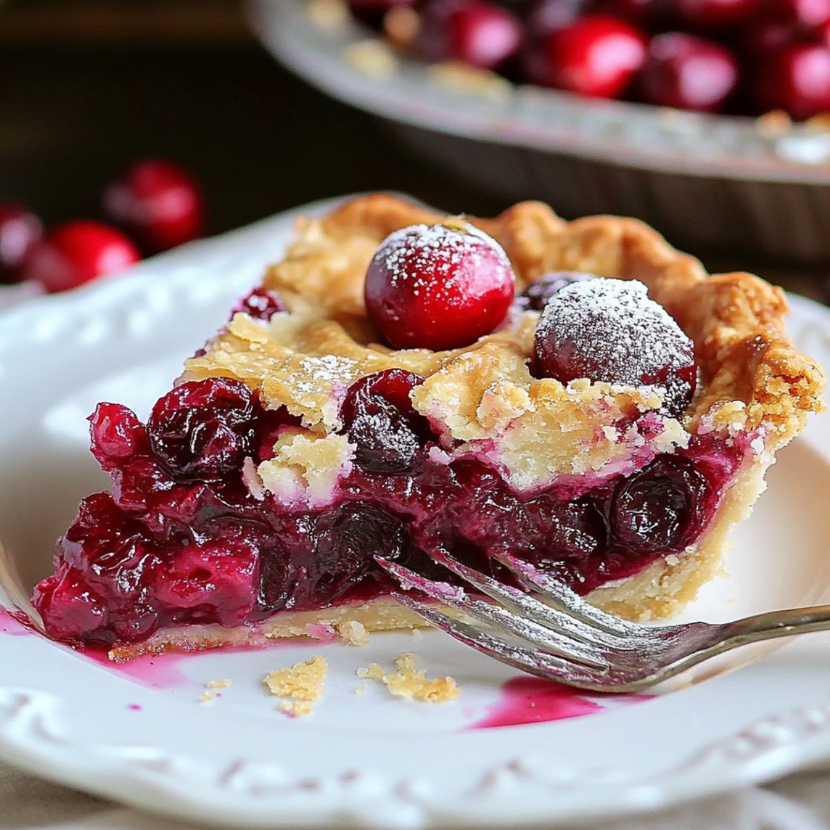 A slice of homemade cranberry pie with a golden crust and juicy whole cranberries, topped with powdered sugar, served on a white plate with a fork.