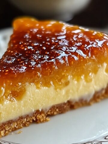 Homemade Creme Brulee Cake slice with a caramelized sugar top, creamy custard center, and crumbly graham cracker crust on a vintage plate.