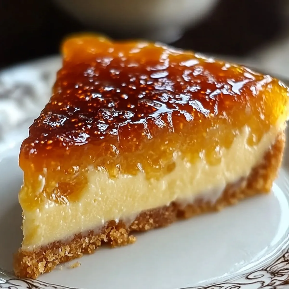 Homemade Creme Brulee Cake slice with a caramelized sugar top, creamy custard center, and crumbly graham cracker crust on a vintage plate.