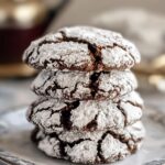 Stack of four homemade crinkle cookies dusted with powdered sugar on a vintage plate, showing deep cracks and a rich, fudgy texture in a cozy kitchen setting.