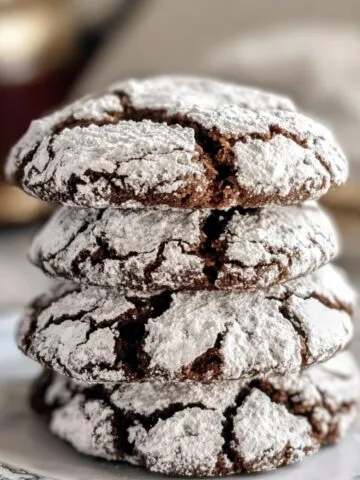 Stack of four homemade crinkle cookies dusted with powdered sugar on a vintage plate, showing deep cracks and a rich, fudgy texture in a cozy kitchen setting.