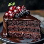 A slice of homemade dark chocolate cake with rich, moist layers, filled and topped with glossy dark chocolate ganache, and garnished with fresh blackberries on a black plate.