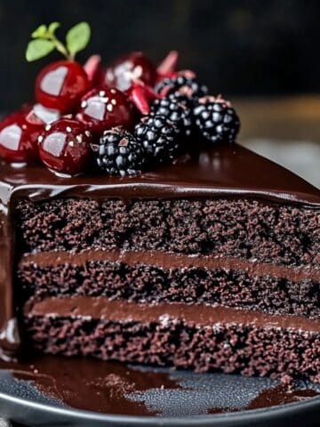 A slice of homemade dark chocolate cake with rich, moist layers, filled and topped with glossy dark chocolate ganache, and garnished with fresh blackberries on a black plate.