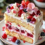 Slice of homemade Heaven On Earth Cake with fluffy layers of yellow sponge, cherry filling, whipped cream, and topped with berries and flower petals on a white plate.