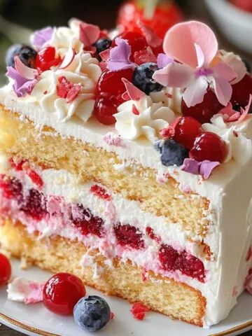 Slice of homemade Heaven On Earth Cake with fluffy layers of yellow sponge, cherry filling, whipped cream, and topped with berries and flower petals on a white plate.