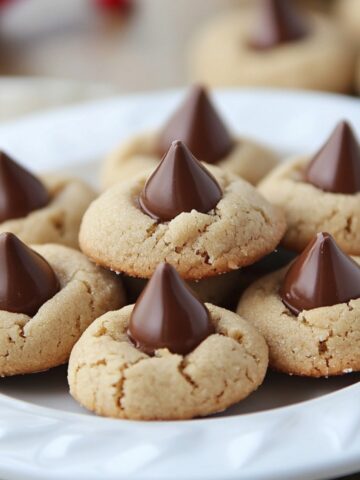 Homemade Hershey Kiss cookies on a white plate, golden brown with crackled tops and a chocolate Kiss in the center, set on a cozy wooden table.