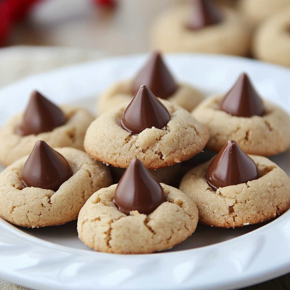 Homemade Hershey Kiss cookies on a white plate, golden brown with crackled tops and a chocolate Kiss in the center, set on a cozy wooden table.
