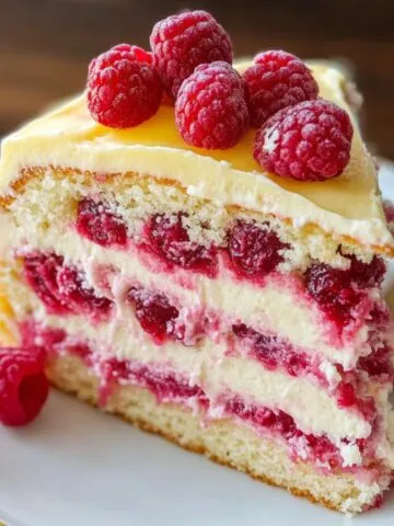 Homemade lemon raspberry cake slice with layers of sponge, lemon cream, and fresh raspberries on a white plate.