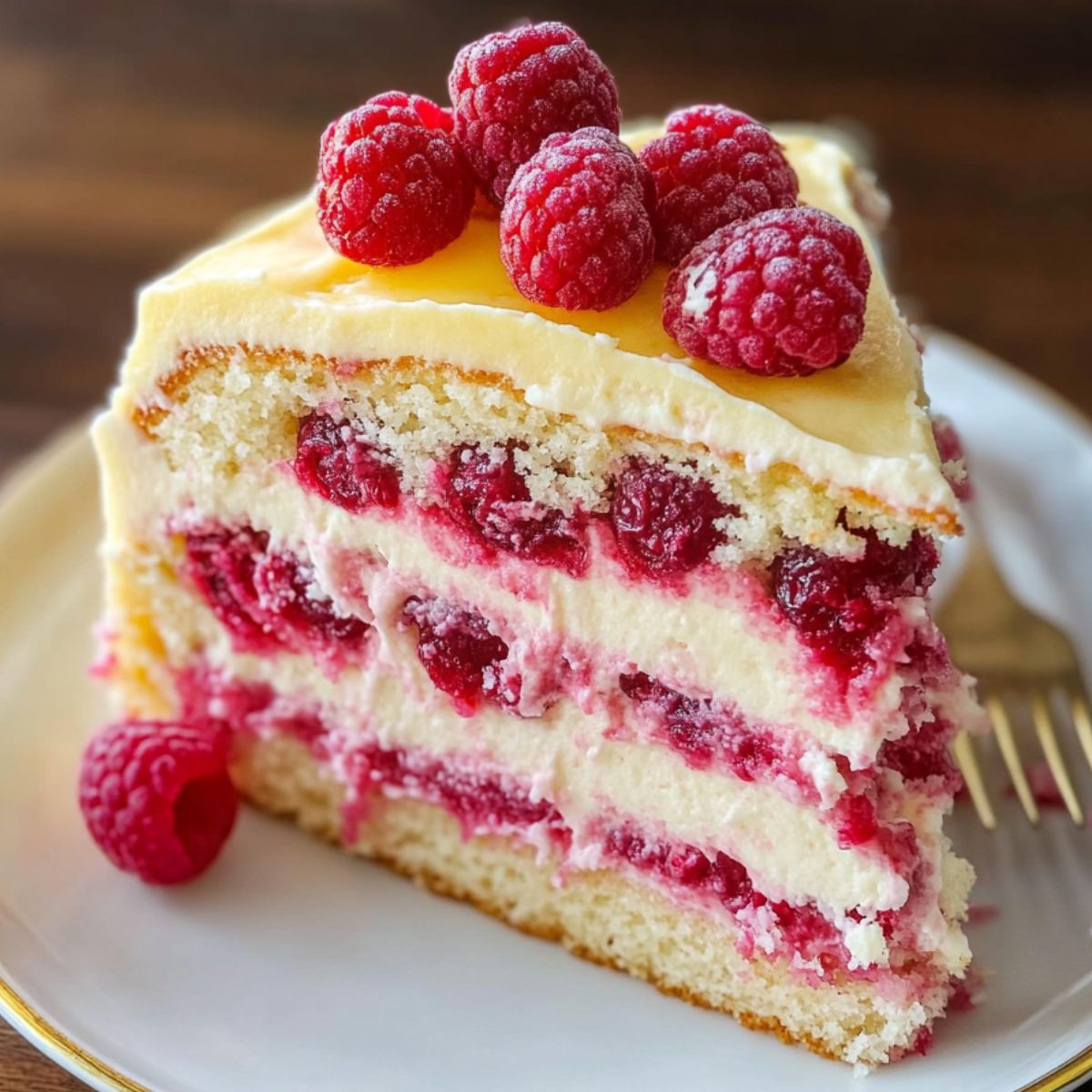 Homemade lemon raspberry cake slice with layers of sponge, lemon cream, and fresh raspberries on a white plate.
