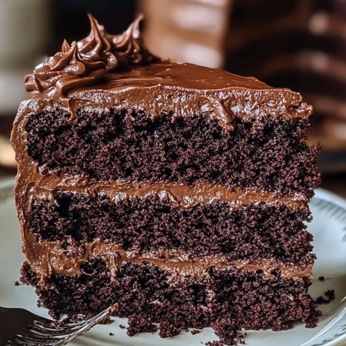 Homemade matilda chocolate cake slice with rich, fudgy frosting on a ceramic plate, showing a moist, crumbly texture and hand-frosted swirls, inspired by the iconic Matilda cake.