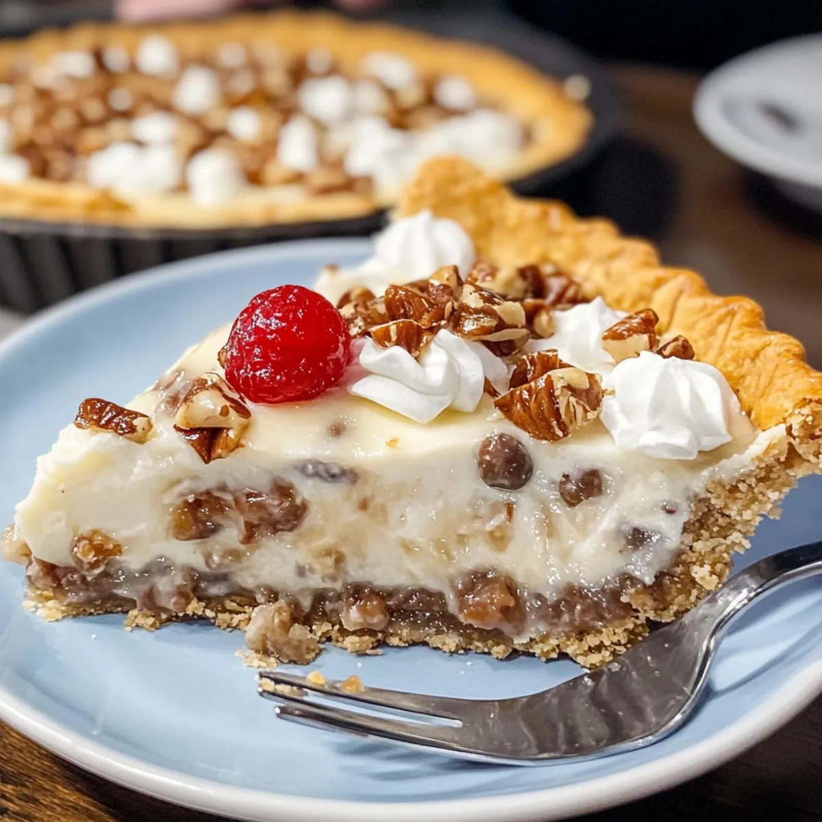Slice of homemade million dollar pie with creamy filling, pecans, whipped cream, and a cherry on top, served on a blue plate.