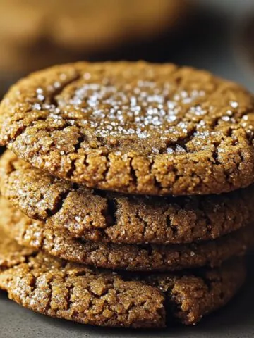 Stack of homemade molasses cookies on a gray plate, with cracked tops and a sugar dusting, in a cozy, natural light setting.
