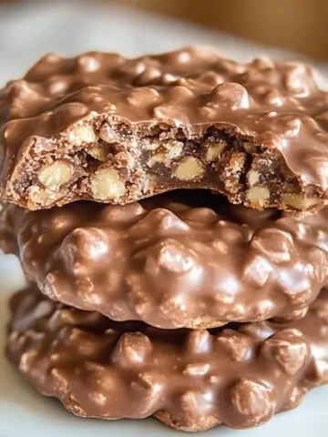 Stack of three homemade no bake cookies with nuts, one bitten to reveal a fudgy, nutty center on a white plate.