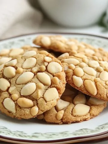 Homemade Pignoli cookies with golden edges and pine nuts on top, served on a vintage floral plate.