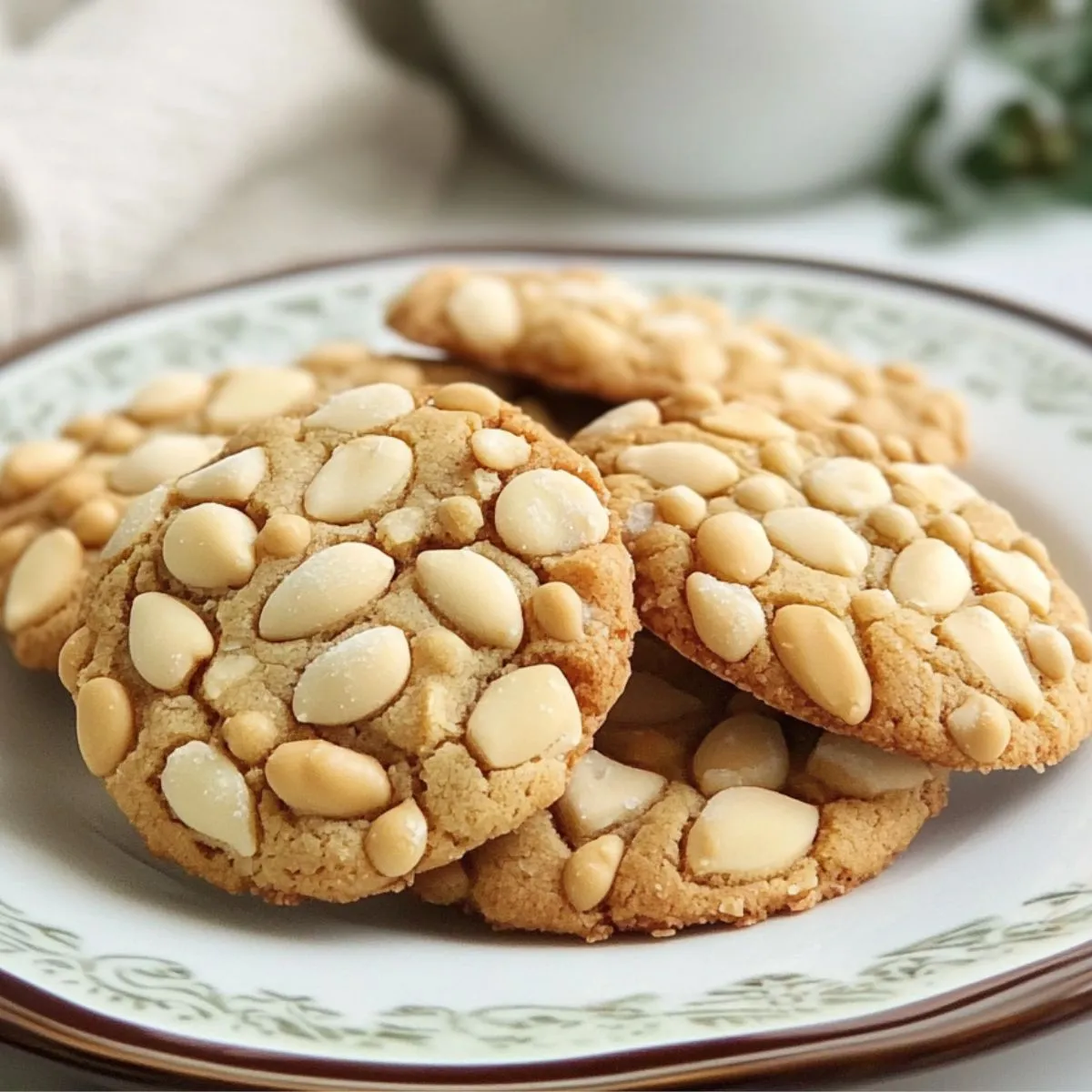 Homemade Pignoli cookies with golden edges and pine nuts on top, served on a vintage floral plate.