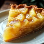 A slice of homemade pineapple pie with a golden crust, glossy custard filling, and juicy pineapple chunks, served on a white plate with natural lighting highlighting its fresh, rustic texture.
