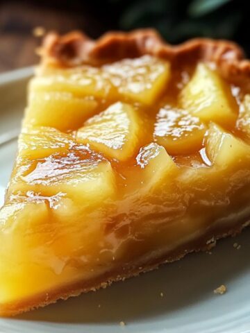 A slice of homemade pineapple pie with a golden crust, glossy custard filling, and juicy pineapple chunks, served on a white plate with natural lighting highlighting its fresh, rustic texture.