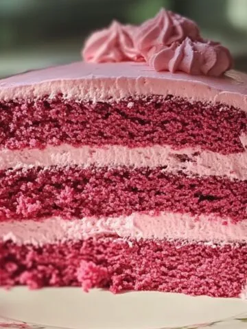 A slice of homemade pink velvet cake with three moist, pink sponge layers and light pink buttercream frosting, topped with a piped swirl. It sits on a floral plate by a sunlit window, with soft lighting and a cozy, natural background.