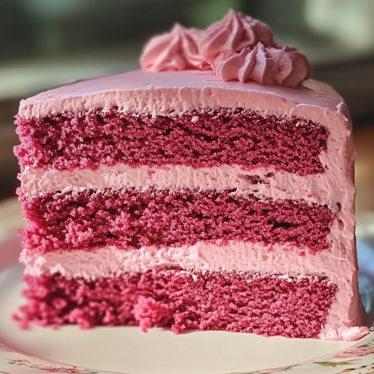 A slice of homemade pink velvet cake with three moist, pink sponge layers and light pink buttercream frosting, topped with a piped swirl. It sits on a floral plate by a sunlit window, with soft lighting and a cozy, natural background.