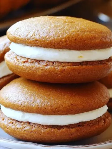Homemade pumpkin whoopie pies with soft, golden-brown cakes and thick cream filling, stacked on a rustic plate with pumpkins in the background.