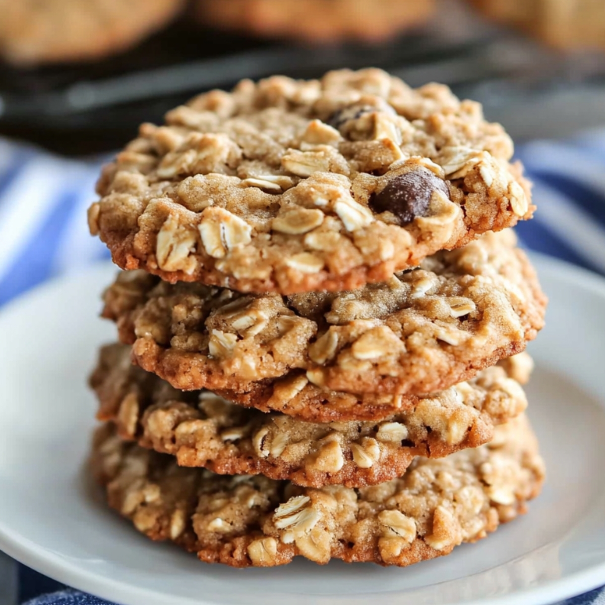 Stack of homemade Quaker-style quaker oatmeal cookie recipe on a white plate, packed with oats and raisins, with more cookies cooling in the background on a striped towel.