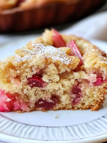 A slice of golden-brown homemade rhubarb cake on a white plate, topped with powdered sugar and filled with soft, pink rhubarb chunks. The crumb looks moist, fluffy, and slightly crisp around the edges.
