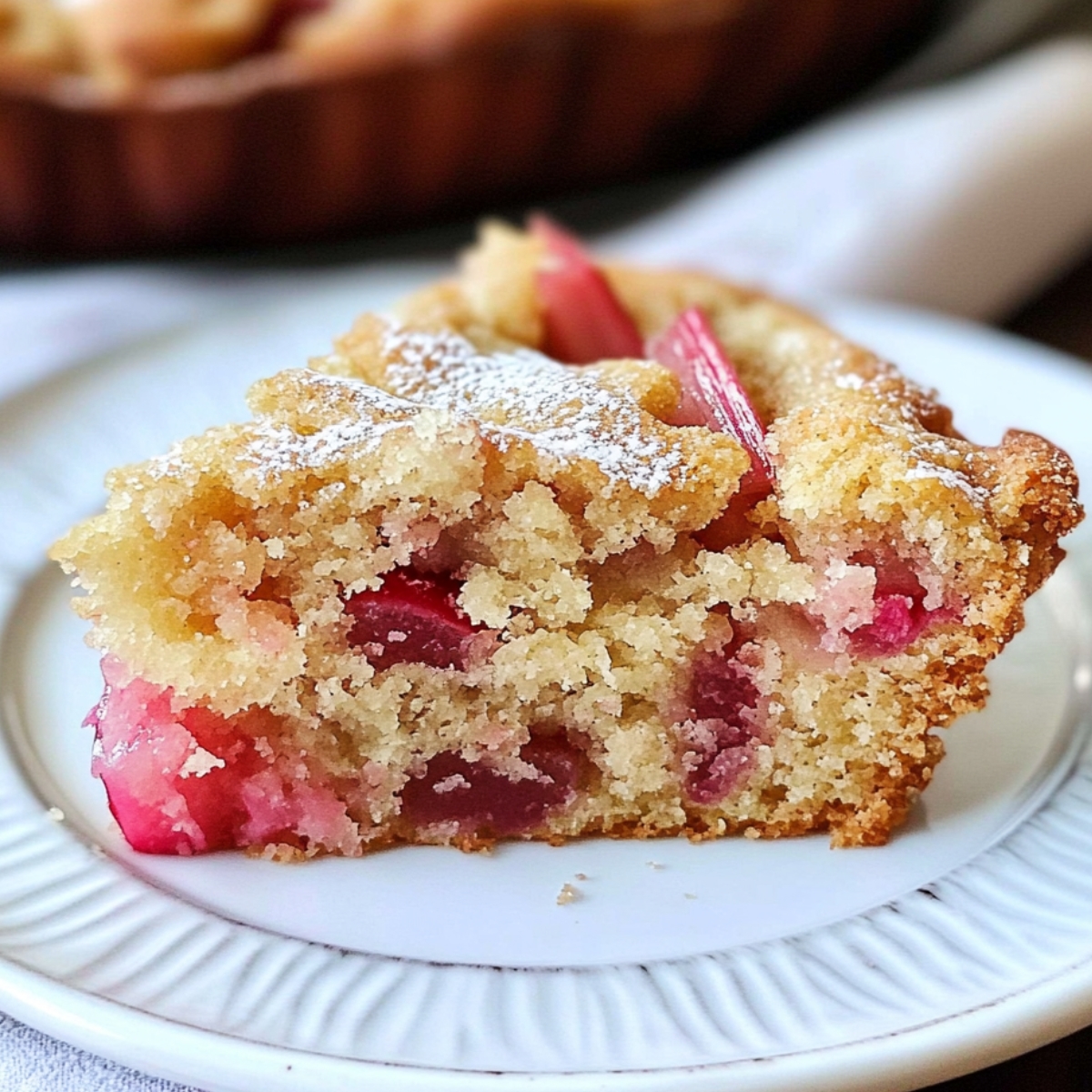 A slice of golden-brown homemade rhubarb cake on a white plate, topped with powdered sugar and filled with soft, pink rhubarb chunks. The crumb looks moist, fluffy, and slightly crisp around the edges.