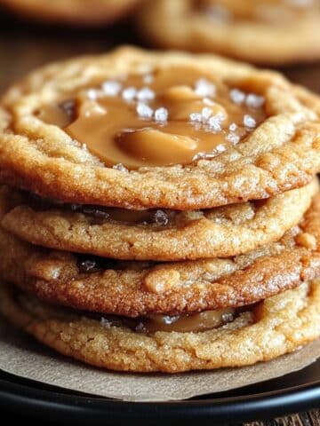 Homemade salted caramel cookies with gooey caramel centers and flaky sea salt on top, stacked on a white plate.