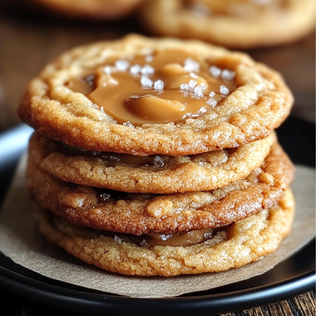 Homemade salted caramel cookies with gooey caramel centers and flaky sea salt on top, stacked on a white plate.