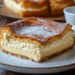 Homemade sopapilla cheesecake bar with a golden, flaky top, creamy cheesecake filling, and cinnamon crust, dusted with powdered sugar on a white plate.
