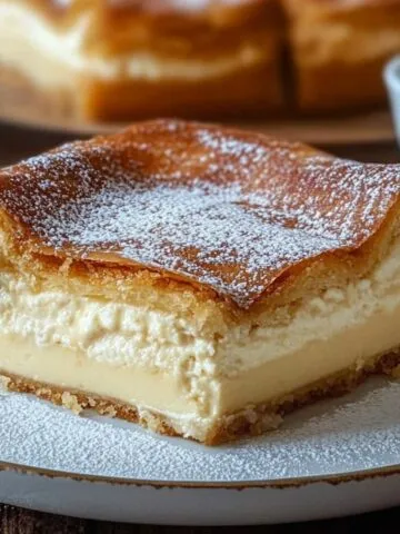 Homemade sopapilla cheesecake bar with a golden, flaky top, creamy cheesecake filling, and cinnamon crust, dusted with powdered sugar on a white plate.