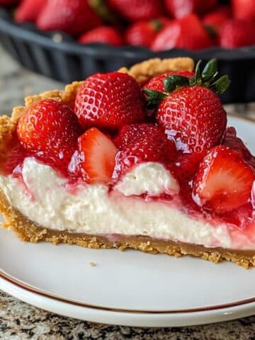 A slice of homemade strawberry cream cheese pie on a white plate with a gold rim, featuring a crumbly graham cracker crust, creamy white filling, and glossy fresh strawberries on top, set on a granite countertop with the full pie in the background.