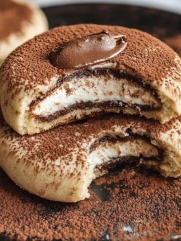 Homemade Tiramisu Cookies with creamy mascarpone filling, dusted generously with cocoa powder on a rustic dark plate.