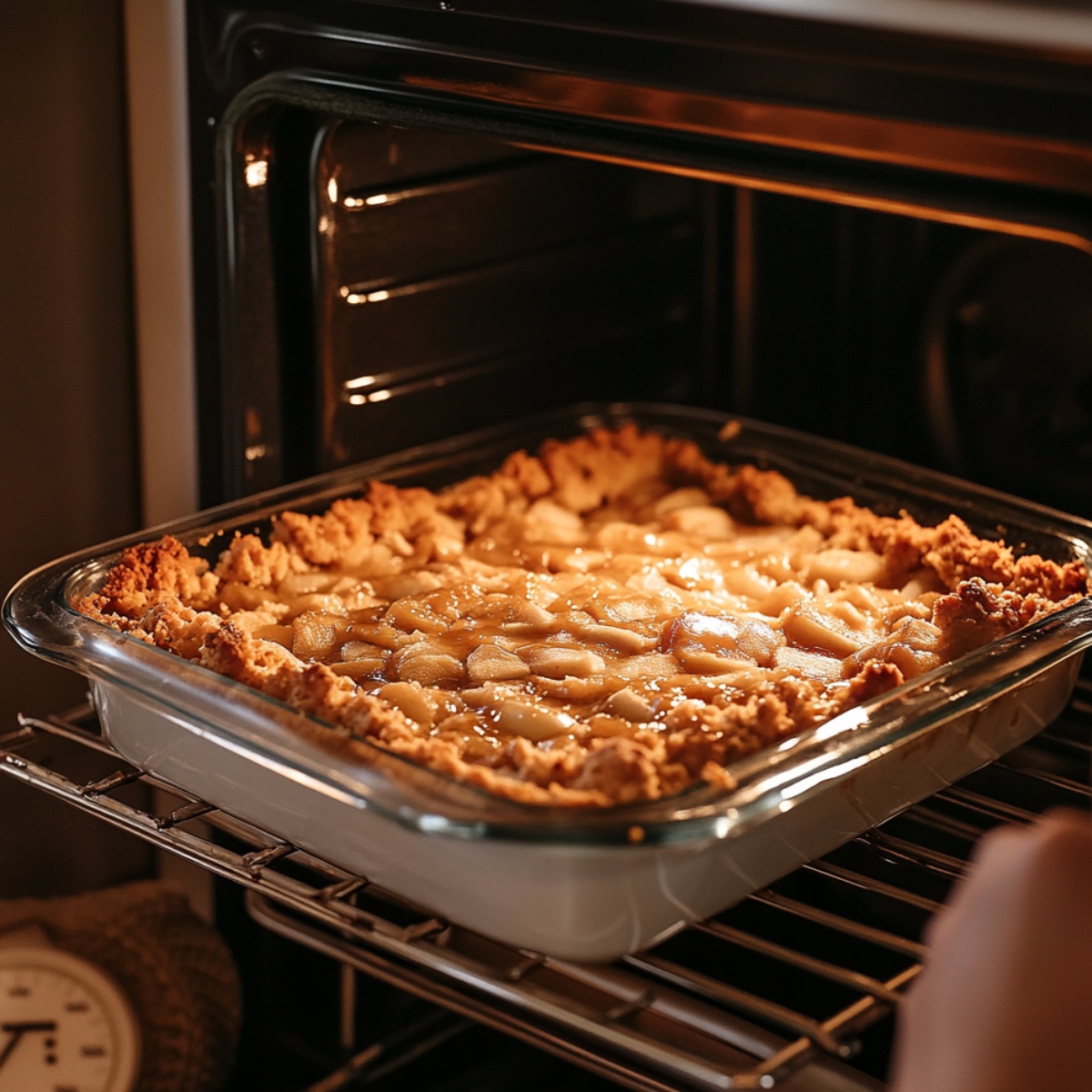 Caramel apple dump cake baking in a glass dish with golden edges and bubbling apple filling inside a home oven.