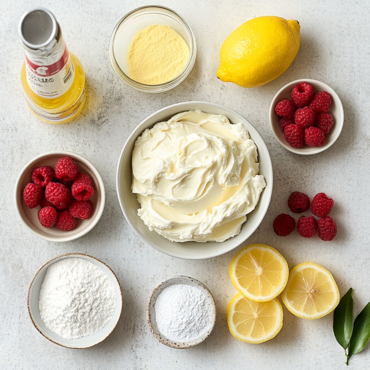 Top-down view of lemon raspberry frosting ingredients including cream cheese, powdered sugar, fresh raspberries, a lemon, lemon slices, and vanilla extract on a light surface.