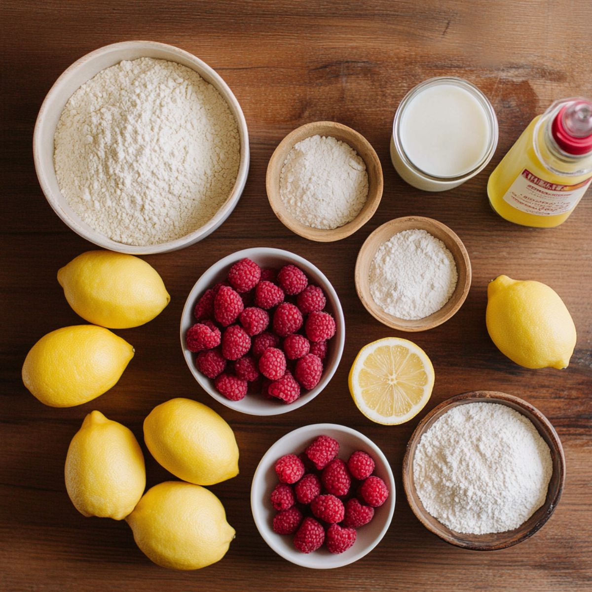 Top-down view of lemon raspberry cake ingredients on a wooden table, including fresh lemons, raspberries, flour, sugar, milk, and vegetable oil in bowls and jars.