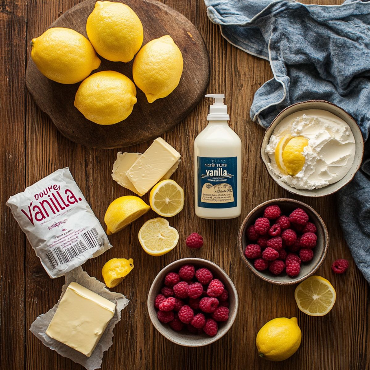 Flat lay of fresh baking ingredients for lemon raspberry cupcakes, including lemons, raspberries, butter, vanilla, whipped cream, and a denim napkin on a rustic wooden surface.