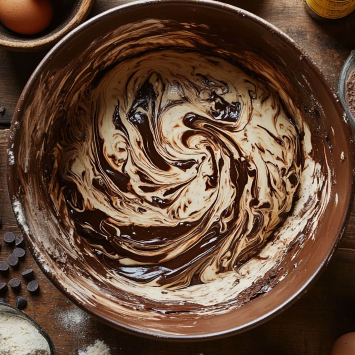 Partially mixed chocolate cake batter with swirls of melted chocolate in a brown bowl, surrounded by flour, eggs, and chocolate chips on a rustic wooden surface.