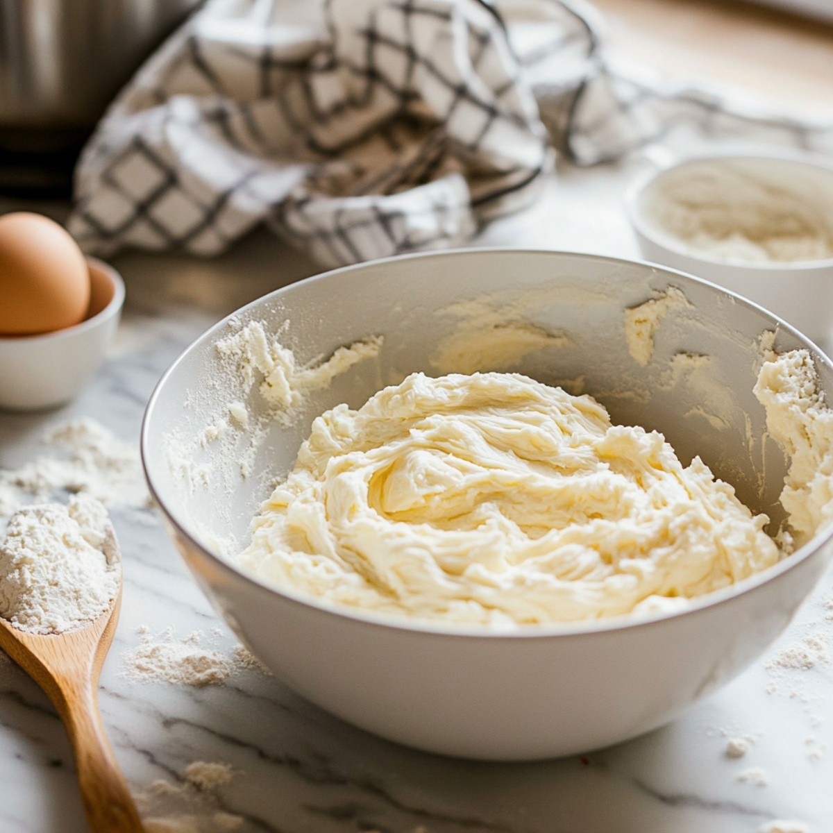 Creamed butter and sugar in a mixing bowl, with flour, eggs, and baking tools on a marble countertop for homemade cinnamon roll cookies.