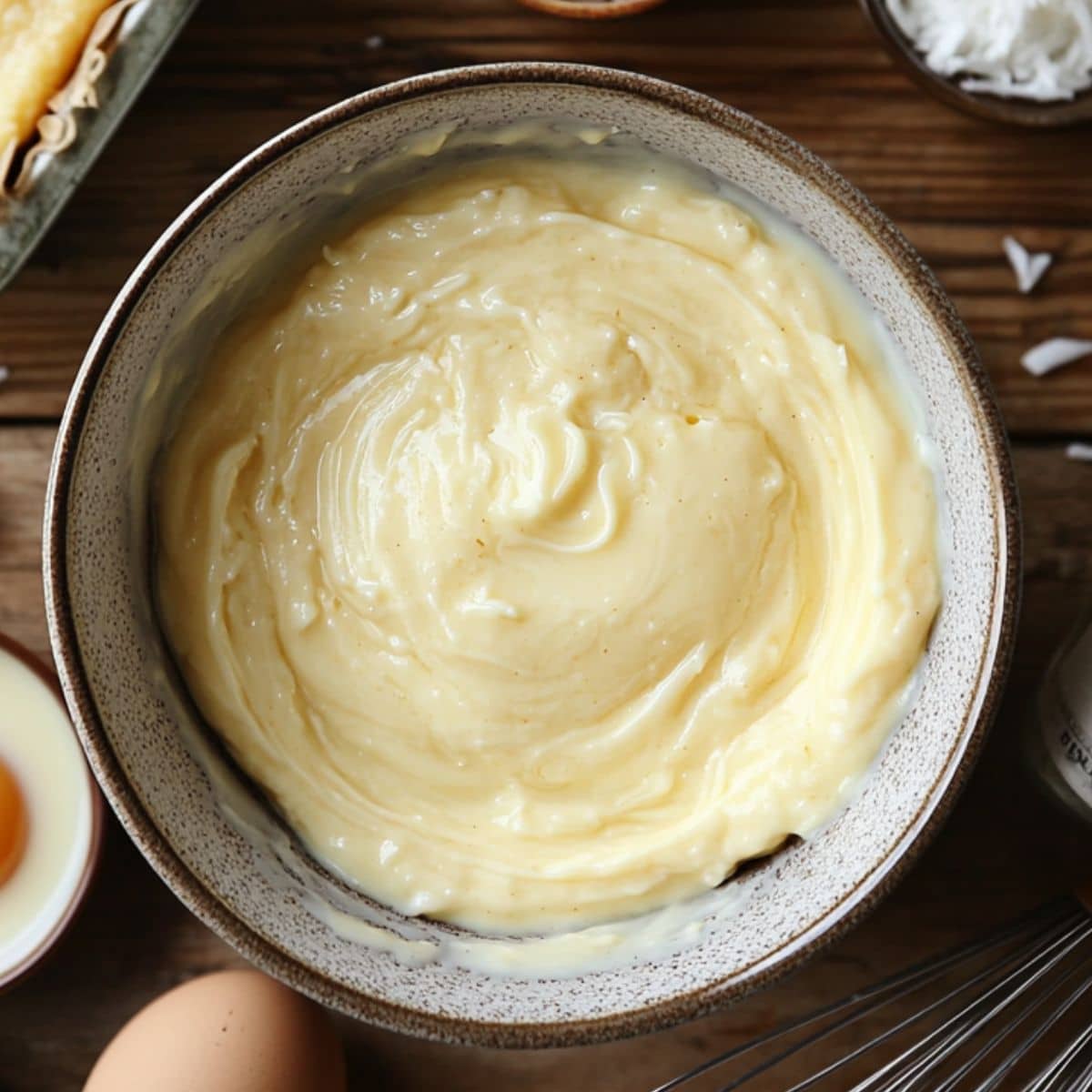 Creamy cassava cake topping made with egg yolks, coconut milk, and condensed milk in a ceramic bowl on a wooden counter, surrounded by baking ingredients.