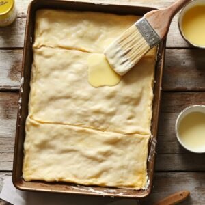 A baking pan filled with unbaked crescent roll dough being brushed with melted butter, showing a smooth top layer with faint seams, ready for the oven.
