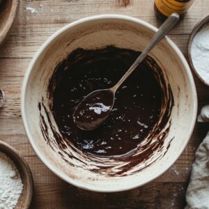 Bowl of brownie batter with a spoon on a wooden countertop, surrounded by baking ingredients.