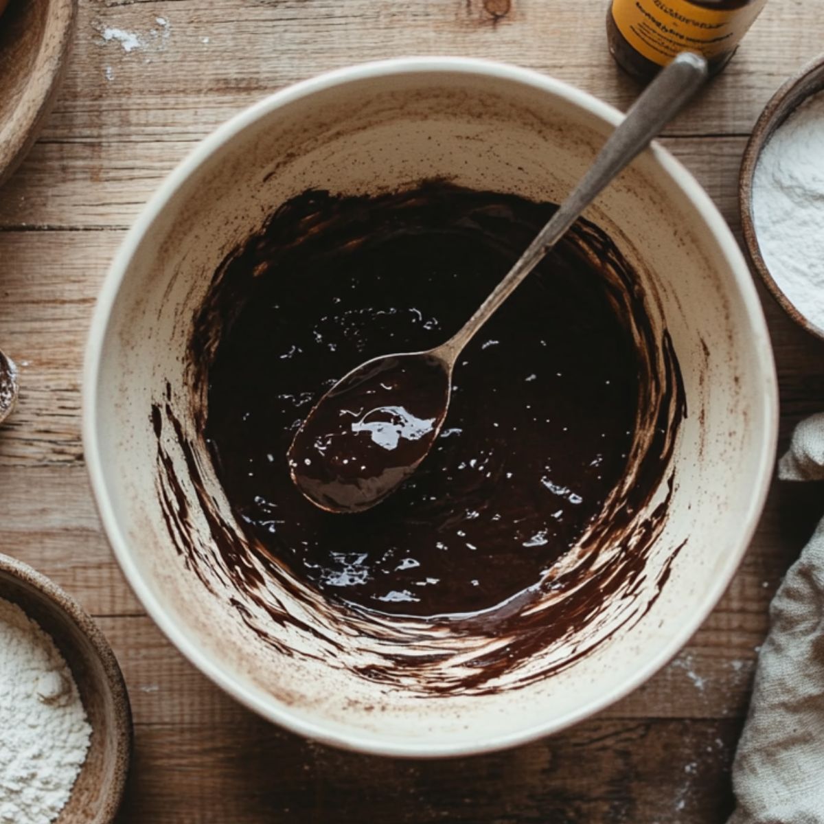 Bowl of brownie batter with a spoon on a wooden countertop, surrounded by baking ingredients.