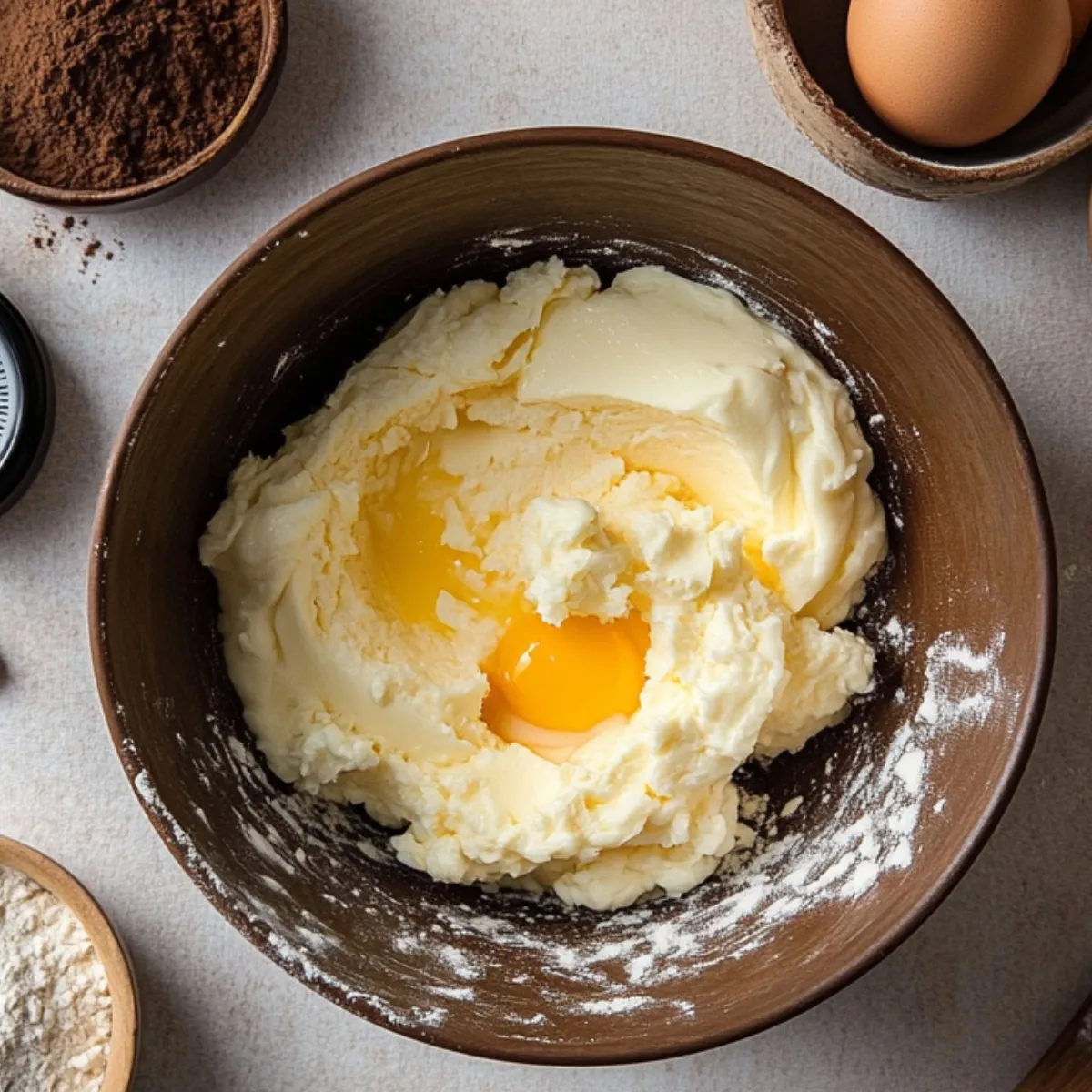 Creamed butter and sugar with a cracked egg in a wooden bowl, surrounded by flour, cocoa powder, eggs, and vanilla—homemade tiramisu cookie prep.