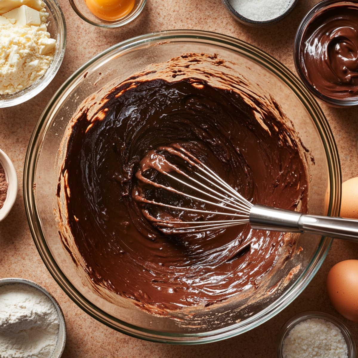 Thick chocolate pie filling being whisked in a glass bowl, surrounded by ingredients like eggs, cocoa, flour, butter, and sugar on a kitchen counter.