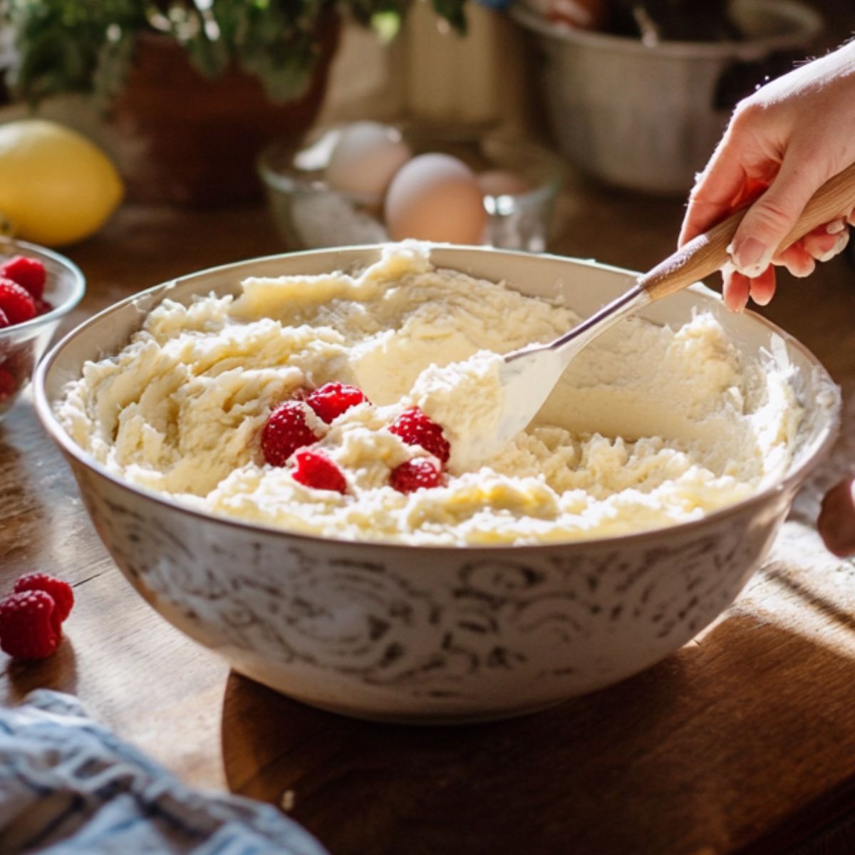 A hand mixing lemon cupcake batter in a decorative ceramic bowl, with fresh raspberries folded in, surrounded by baking ingredients in a cozy kitchen.
