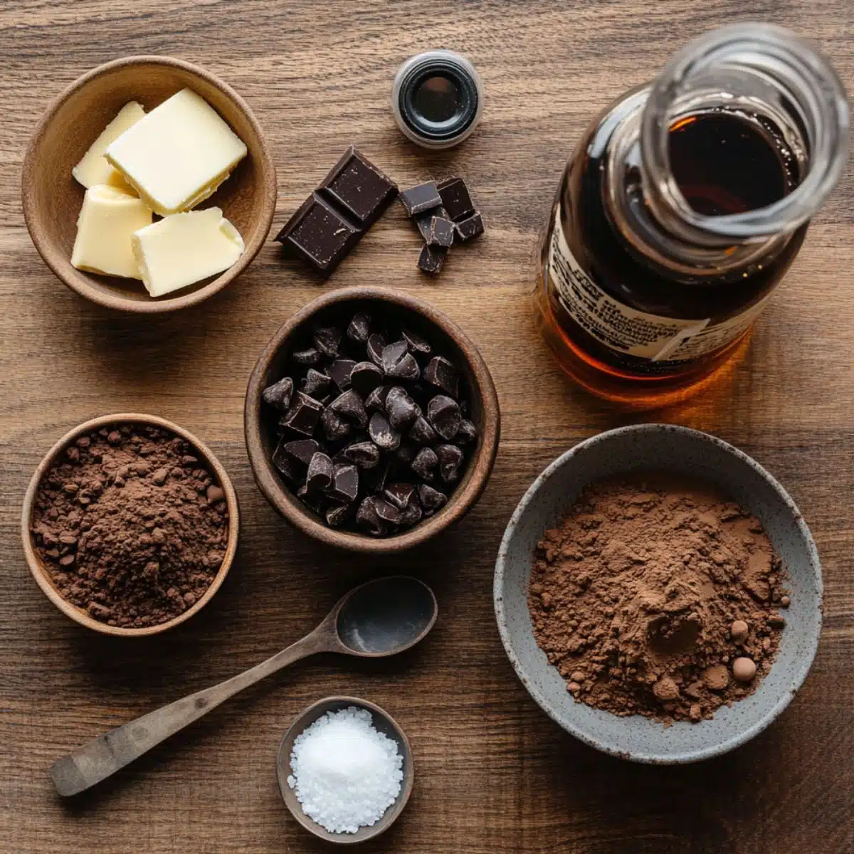 Ingredients for Matilda chocolate cake on a wooden surface, including cocoa powder, dark chocolate, butter, vanilla extract, and sea salt in rustic bowls.