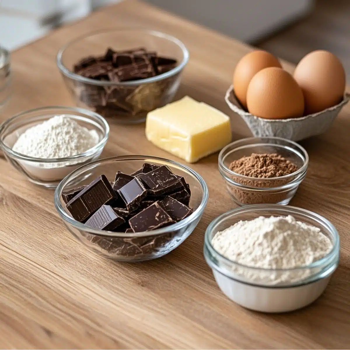 Homemade Matilda chocolate cake ingredients on a wooden counter, including dark chocolate chunks, butter, eggs, cocoa powder, and flour in glass bowls.