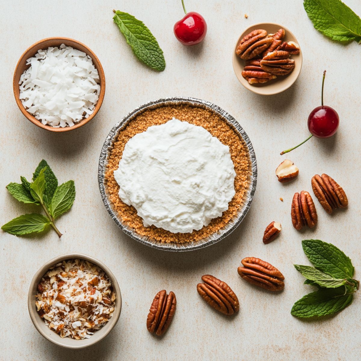 Homemade million dollar pie in a graham cracker crust with whipped topping, surrounded by coconut, pecans, cherries, and mint on a light surface.