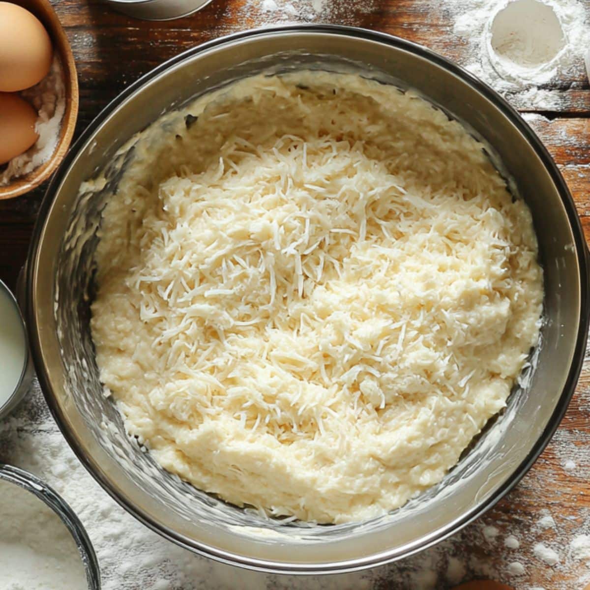 Mixing bowl of cassava cake batter topped with shredded coconut, surrounded by eggs, flour, and milk on a floured wooden counter in a home kitchen.